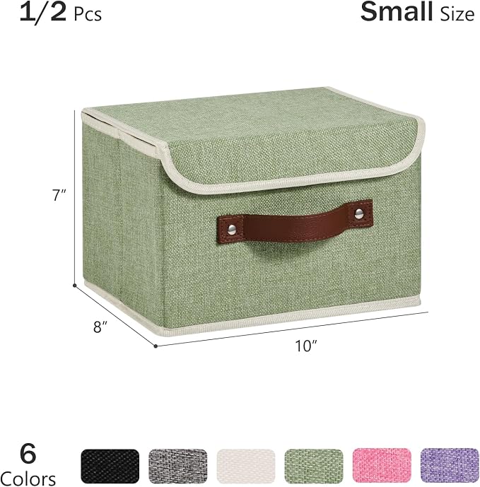 2PCS Storage Bins Box with Lids Decorative Cotton Linen Fabric Baskets Cubes with Handles PP Plastic Board Foldable Washable Clothing Shelf Closet Organizer Container (Light Green, Small)