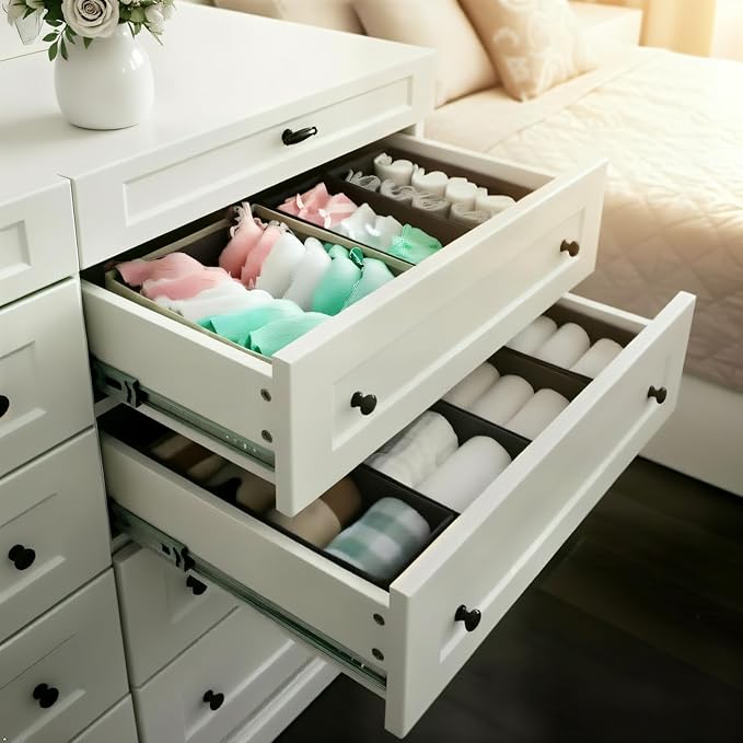 Bructhun Sock Drawer Organizer 6 Pack - Collapsible Fabric Storage Bins for Underwear Divider, Small Closet Organizers with 6 Compartments, Beige