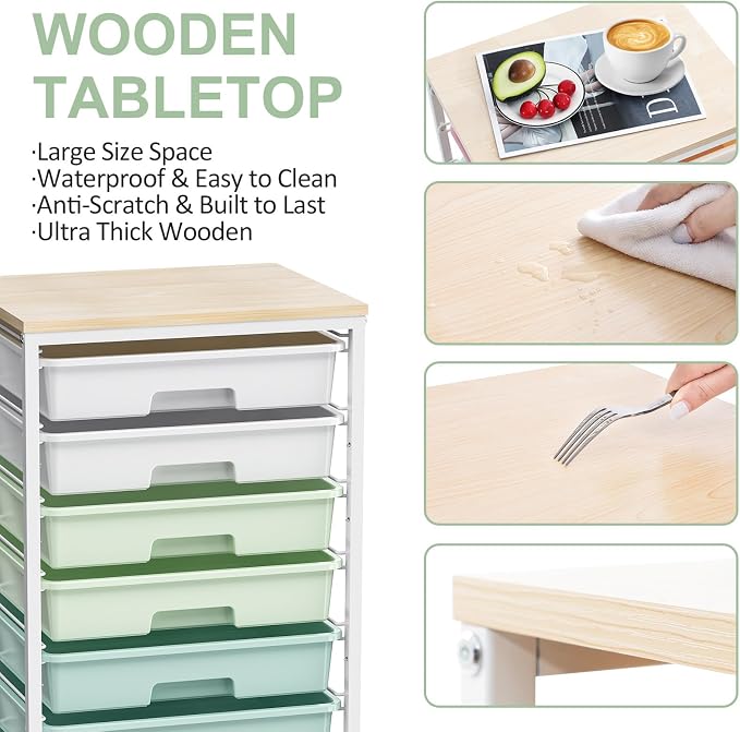 Rolling Storage Utility Cart Organizers with 8 Drawers and Wooden Tabletop for Living Room,Office,Classroom,Craft Room,Bedroom,Dorm,Green
