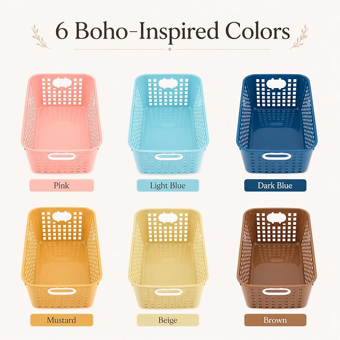 6 Pack Plastic Classroom Storage Baskets, Organizer Bins with Handle | Bohemian 11" × 7.1" × 4.6" Medium Papers Book Storage Organizer for School Classroom Library Office Home Desktop Bookshelf