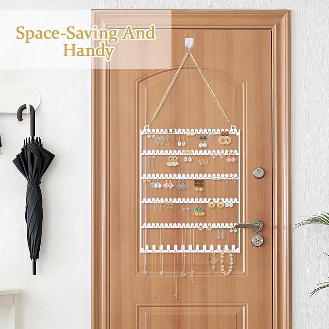 6 Tier Earring Holder Wall Mounted Hanging Earring Organizer White ﻿ | Earring Display Storage with 123 Holes and 129 Grooves Jewelry Organizer Tree for Stud/Hoop/Dangle Earrings Necklace