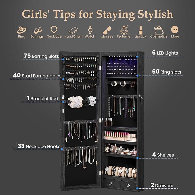 DUMOS Jewelry Armoire Cabinet with Full Length Mirror, 47.2" Tall Wall Mounted or Over the Door Jewelry Organizer with 33 Necklace Hooks, Lockable Large Capacity with Drawers, Black