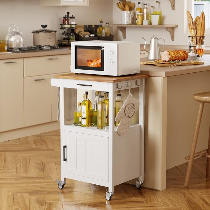 Qsun Rolling Microwave Cart with Storage, White | Microwave cart with wheels, Small Home Coffee Bar, Microwave Stand, Rolling Kitchen Cart with Side Hook