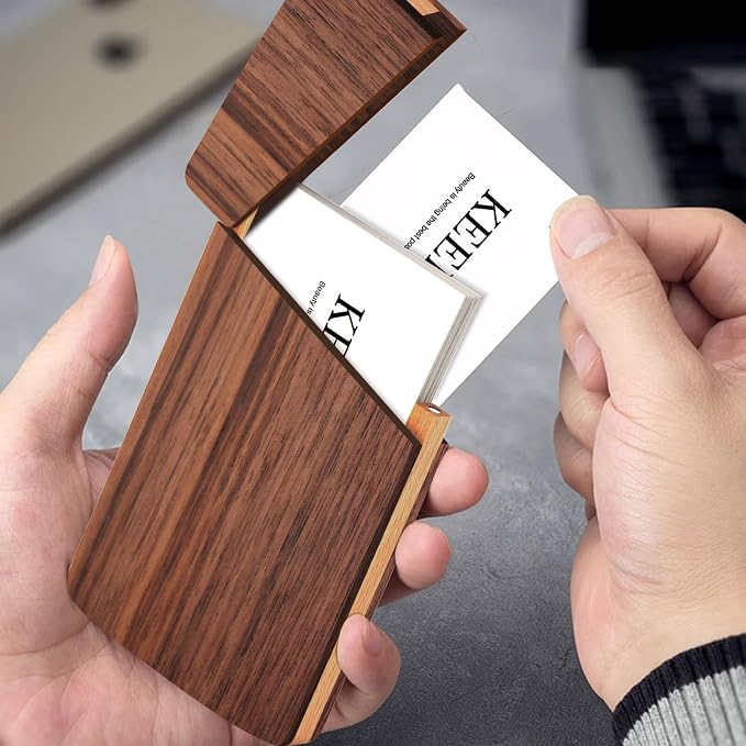 Wood Business Card Holders Wooden Business Card Case Name Card Holder Walnut Card Holder with Magnetic Closure Portable (Black walnut)