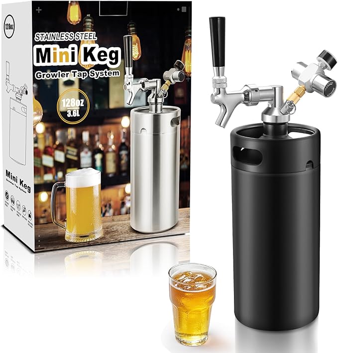 Hgkeke128OZ Mini Keg Growler,Stainless Steel Beer Keg Tap System Portable Draft Beer Dispenser to Keep Fresh and 55PSI CO2 Pressure Growler Carbonation, Beer Tap System for Homebrew,Camping,BBQ(Black)