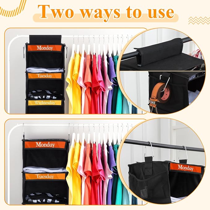 Amylove 2 Pack 6 Shelf Weekly Clothes Organizer for Kids with Side Pocket, 47 Inch Days of the Week Clothes Organizer, Monday to Friday Daily School Outfits Clothing Divider for Kids(Black,White)