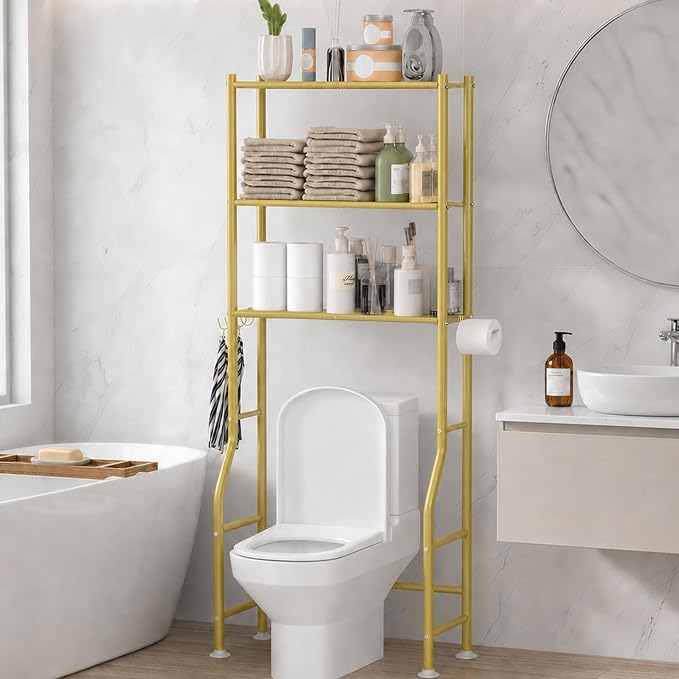 GloTika 3-Tier Over Toilet Storage with Anti-Tilt Safety System - 150lb Total Capacity Metal Bathroom Shelves Including Paper Holder & 4 Hooks, Space Saving Above Commode Organizer (64" H, Gold)
