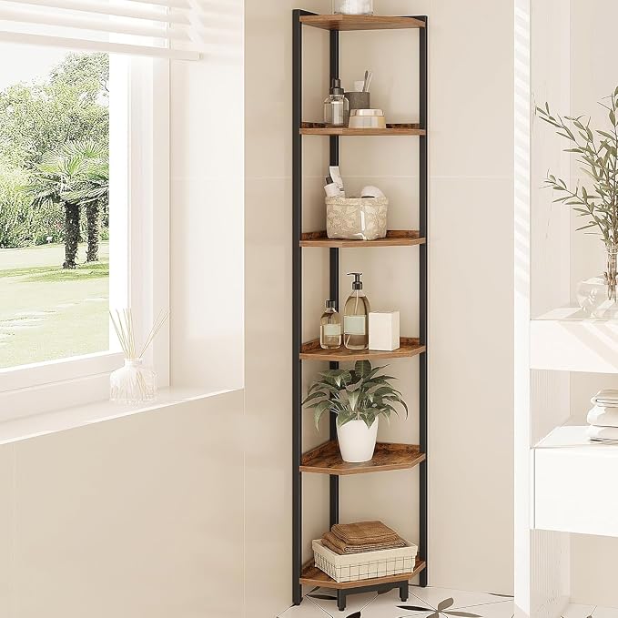 Hzuaneri Corner Shelf Stand, Corner Bookshelf, Storage Standing Shelf Unit with Metal Frame, Plant Stand, Bookcase for Living Room, Home Office, Bedroom, 6-Tier Rustic Brown CS06001B