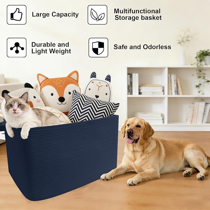 96L Extra Large Navy Cotton Rope Laundry Basket with Sturdy Handle | 24x16x15 Foldable Rectangular Blanket Basket for Toys, Clothes & Pillows,Ideal for Nursery, Bathroom, Bedroom, Living Room