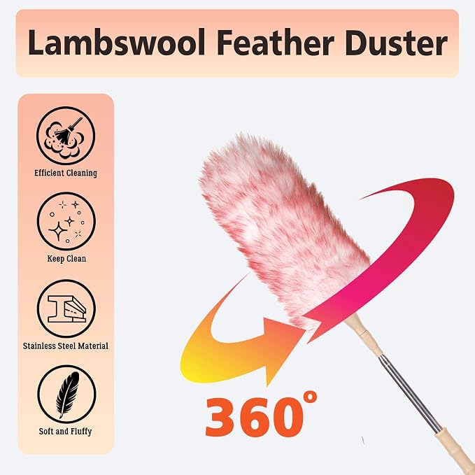 Lambswool Duster Extendable 22–55 Inch Natural Wool Duster with Flexible Head for Ceilings Furniture Blinds Electronics Washable Reusable-Red