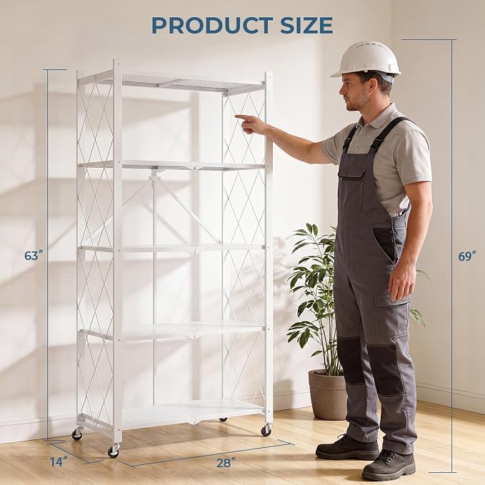 Upgraded 18% Thickened Portable 5-Tier Foldable Storage Shelves with Wheels Heavy Duty Storage Shelf Collapsible Shelves Unit Display for Garage Storage Kitchen Pantry & Closet Organizer