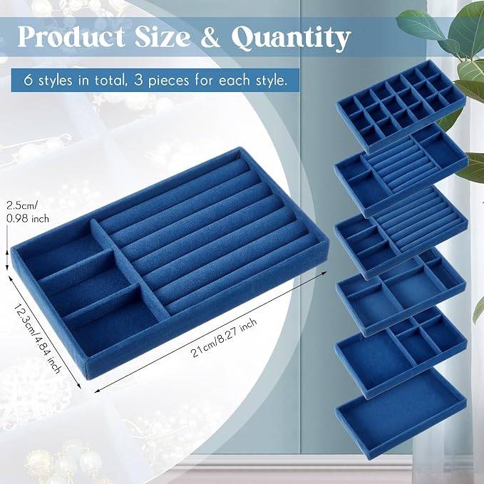 Junkin 18 Pcs Jewelry Drawer Organizer Inserts, Stackable Jewelries Inserts for Dresser Drawers, Drawer Insert Organizers Velvet Jewelry Trays for Rings Earring Bangle Necklace(Peacock Blue)