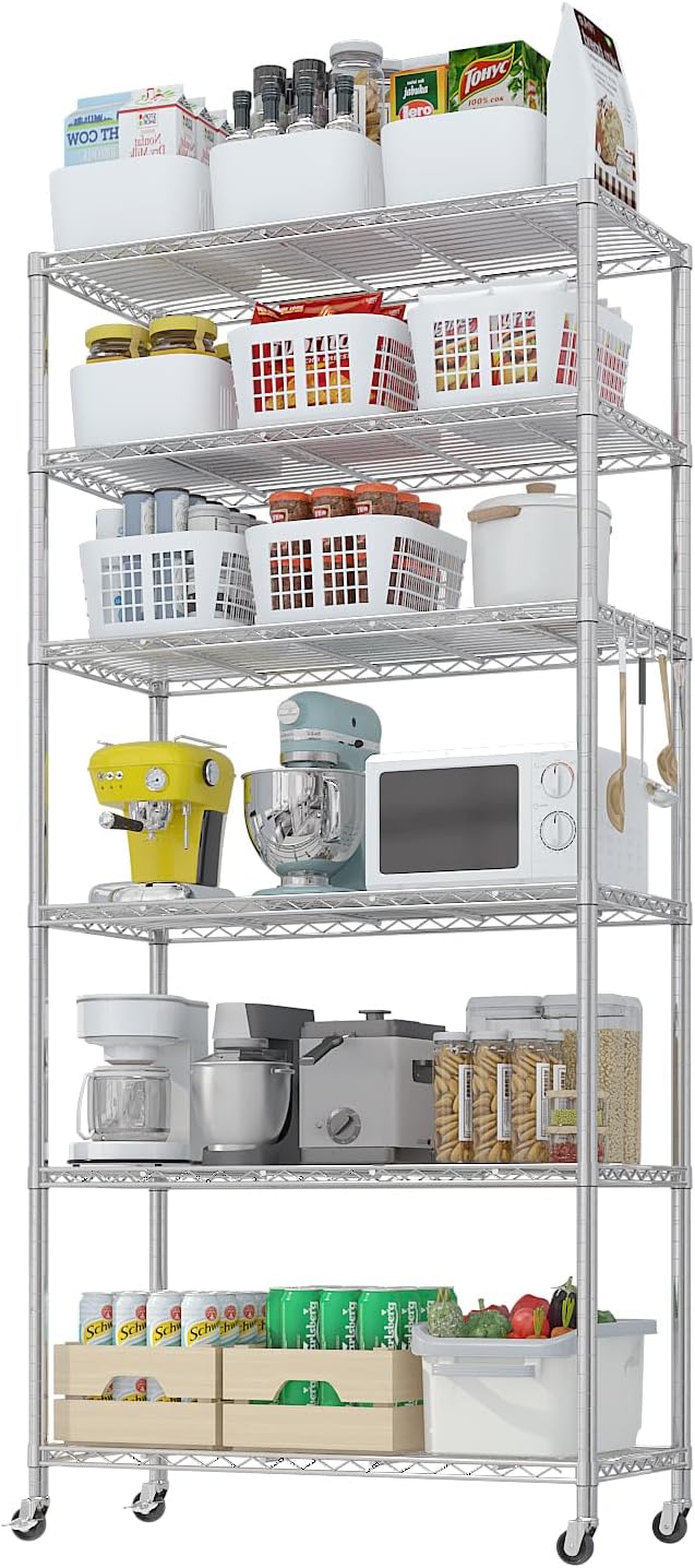Karl home Silver 6-Tier Wire Storage Shelving with Wheels | Adjustable Storage Unit , Size 78.7"H X 35.4" W X 17.7" D, Suitable for Garage, Kitchen and Basement