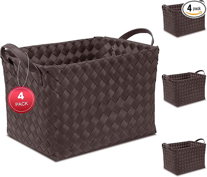 15L Laundry Baskets Waterproof Large Laundry Hamper Handmade Storage Baskets -set of 4 Collapsible Cube Organizers Woven Bins for Bathroom, Bedroom, Pantry, Shelves, Clothes and Towels-Coffee