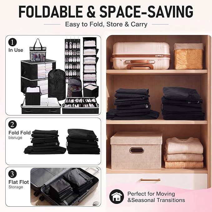 Briwooody 11 Pcs College Dorm Storage Set, Dorm Organizer Kit with Closet Organizer, Over Door Shoe Rack, Under Bed Storage Bags, Laundry Backpack, Shower Caddy, Collapsible Bins(Black)