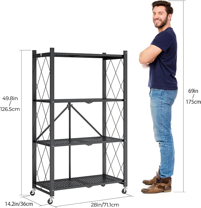 Fenbeli 4 Tier Folding Storage Shelf with Wheels, Heavy Duty Metal Shelving Unit No Assembly, Foldable Rolling Storage Rack 600 LBS Capacity, Locking Casters for Garage Kitchen Pantry(Black, 4 Tier)