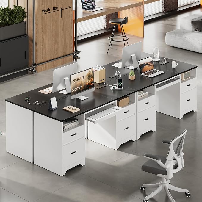 Bestier 59” Computer Desk with 4 Drawers, Charging Station, White | Office Desk with Storage, Modern Executive Desk with Keyboard Tray & Wooden Pedestals on Both Sides for Home Office & Studio
