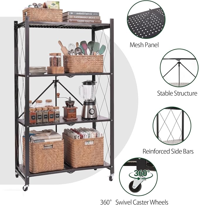 4-Tier Foldable Storage Shelf with Wheels – Heavy Duty 550 LBS Capacity, Collapsible Metal Steel Rolling Rack for Garage, Kitchen, Pantry, Office – Black