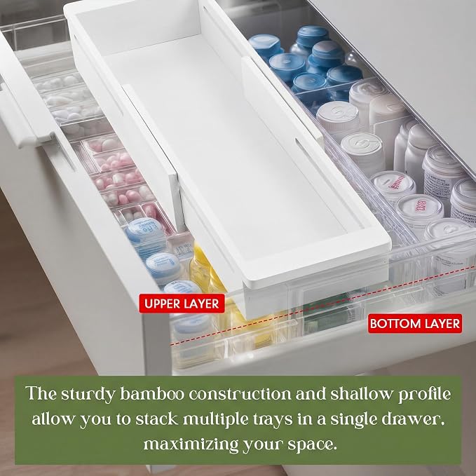 LemonRoad 1 Pcs Sliding Drawer Organizer 12.4-17.7 Inch Bin Bamboo Drawer Expandable Bins Utensil Organizer for Kitchen Spoons Forks Knives (White)