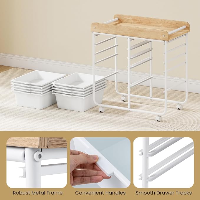 LDAILY Rolling Cart with Drawers, 10 Drawer Rolling Storage Cart with Wooden Tabletop, Metal Frame & Lockable Wheels, Craft Organizers and Storage for Home Office Classroom (White, 10 Drawer)