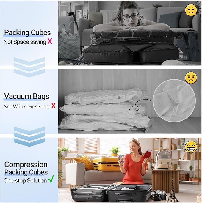 OlarHike 6 Set Compression Packing Cubes for Travel Essentials,Compressible Expandable Space Saver Bags for Organizing Clothes,Luggage Suitcase Garment Bags with Over 1000 pcs Mesh Holes(Black)