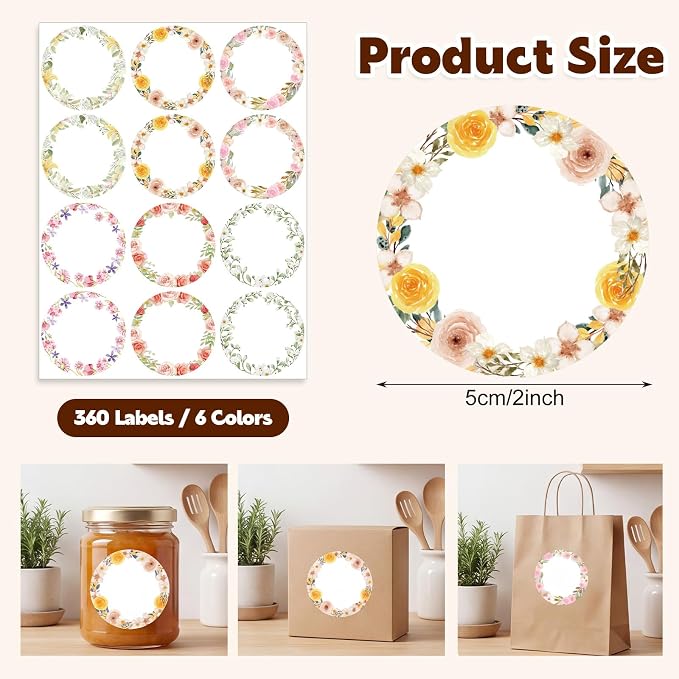 360 Pcs Canning Jar Labels, 2 Inch Floral Round Stickers, Writable | Self-Adhesive, Easy To Write, 6 Floral Designs, For Jars Bottles Meal Prep Pantry Organization