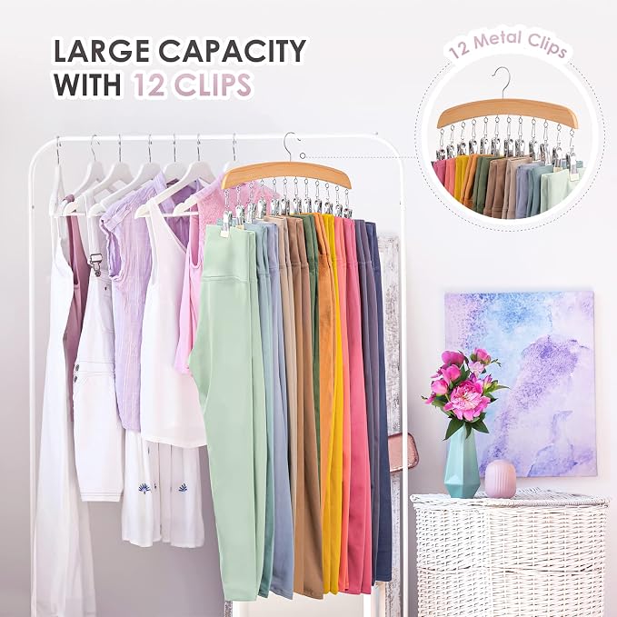 MEILIDY Wooden Leggings Hangers, Scarf Hangers for Closet, Burlywood, 2 Pcs | 24 Clips, 360° Swivel Hook, Hanging Storage Organizer for Scarves, Pants, Hats, Skirts, Bras, Camisoles, Tank tops, Gloves