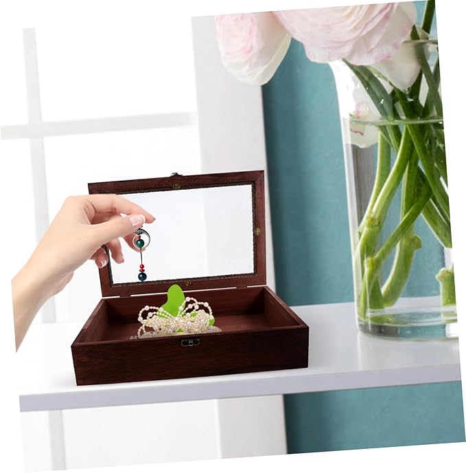 GLEAVI Vintage Wooden Storage Box with Glass Lid Elegant Organizer for Jewelry and Desktop Sundries Large Minimalist Design for Home Decor and Office Use