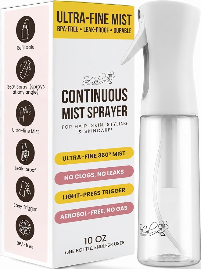 Continuous Spray Bottle for Hair – Slim Design - Fine Mist Water Sprayer for Hairstyling, Curly Hair – Refillable Mister Bottle with 360 Spray – Travel Size Hair Water Bottle