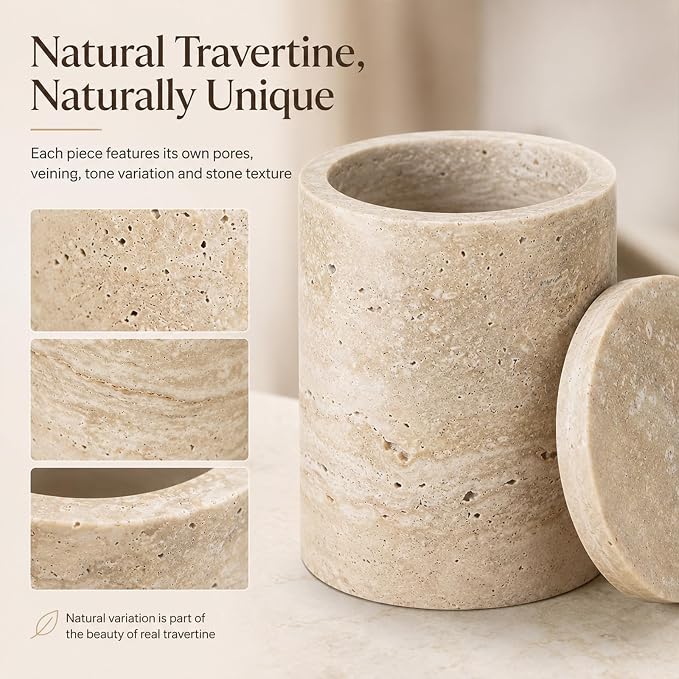 Natural Travertine Round Canister with Lid | Natural travertine canister for Q Tip, cotton rounds, balls, floss picks and short dry vanity items.