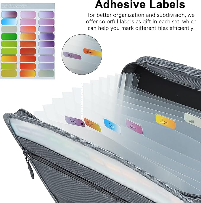 NAFY Expanding File Folders, 13 Pockets Document Organizer with Zipper, A4 Letter Size Portable Accordion Expanding File Folders with Multicolor Labels for Home Office School Supplies (Black 4 Pack)