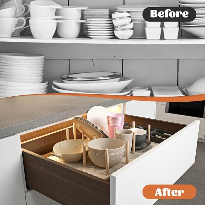 6 Pcs Wood Pegboard Drawer Organizer with 48 Pegs, 17.1 × 5.7 Inch Wooden Drawer Pegboard Organizer Adjustable Wood Peg Board Drawers Organizers for Kitchen, Plates, Cookware, Food Containers