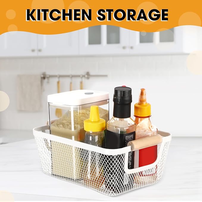 Ziliny 4 Pcs Metal Wire Basket with Wooden Handles Mesh Steel Storage Organizer Bin Containers for Home Organizing Cabinet Pantry Closet Kitchen Fridge Fruit Makeup Snacks Gifts(Small,Cream White)