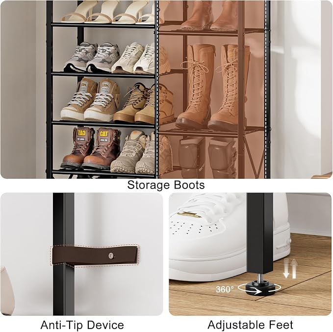 8-Tier Shoe Rack, Shoe Storage Organizer with Boots Storage, Large Capacity Shoe Shelf Holds 20-23 Pairs of Shoes, Durable and Stable, for Entryway, Closet, Hallway, Dorm Room, Black