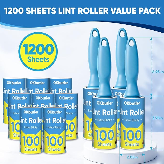 1200 Sheets Lint Roller for Pet Hair, Lint Remover, Extra Sticky with Spiral Easy Tear & Ergonomic Handle, Multipurpose for Clothes, Furniture, Carpet & Car Seats
