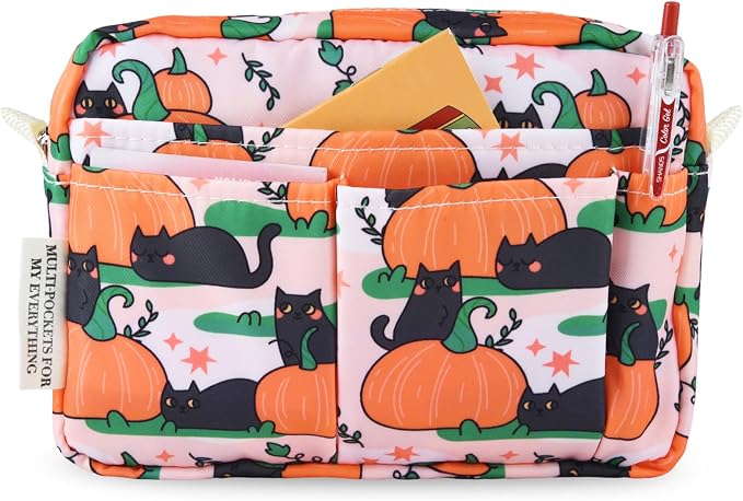 Multiple Pockets Portfolio Organizer with Zippered,Storage Pencil Pouch Bag | Waterproof Travel Toiletry Bag,Portable Pencil Pouch for Notebooks,Stationeries,Make-up,Journal Office Art Supplies,Pumpk cat