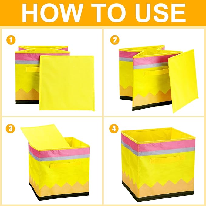 RattanView 6 Pcs 11in Pencil Fabric Storage Bins Classroom Must Have Cubby Basket Bins Return School Treasure Prize Box End of Year Organization for Daycare Elementary Preschool