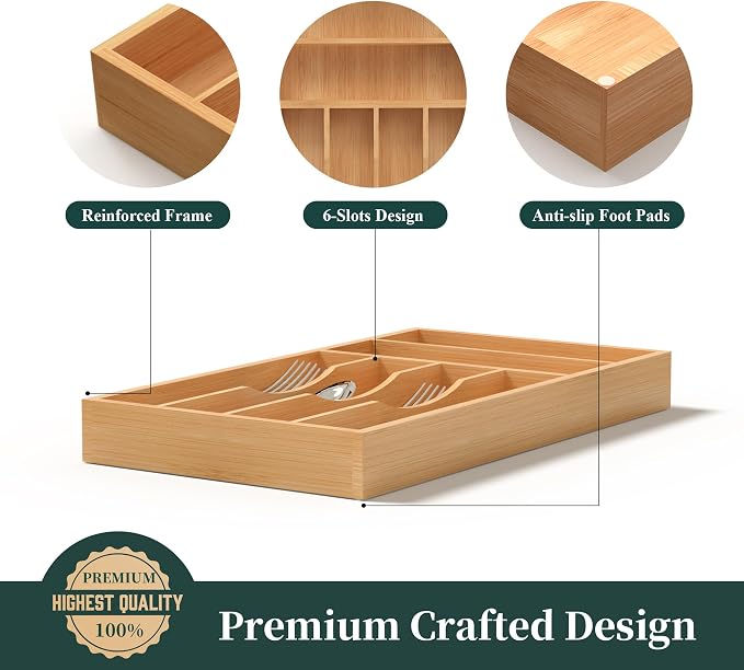 Silverware Organizer, Bamboo Kitchen Drawer Organizer, Utensil Holder, Cutlery Tray & Spoon Flatware Storage with Grooved Drawer Dividers (8.5''W x 15.5''D)