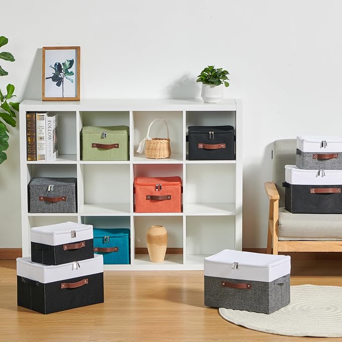 Storage Boxes with Zipper Lid Cotton Linen Fabric Lidded Storage Bins Baskets Foldable Washable Closet Shelf Clothes Organizer Container Faux Leather Handles (Black White, Large)