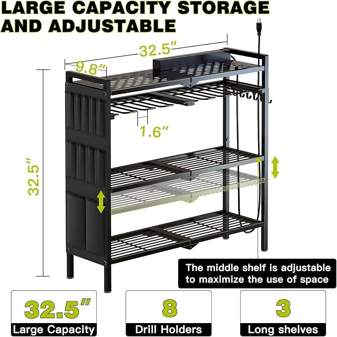 NattyDot Power Tool Organizer Cart with Charging Station, 8 Drills, Black | Freestanding Power Tool Cart Holds 8 Drills; Charging Station Powers Batteries while Sturdy Shelves Organize Garage Gear