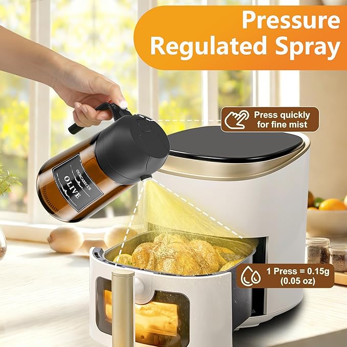 Olive Oil Sprayer & Dispenser Bottle for Cooking 16oz Dark Glass Oil Mister | 2-in-1 Oil Sprayer & Pourer, Fine mist, Light-Blocking, Wide Mouth for Easy Refill & Clean, 8 Oil Labels, Reusable