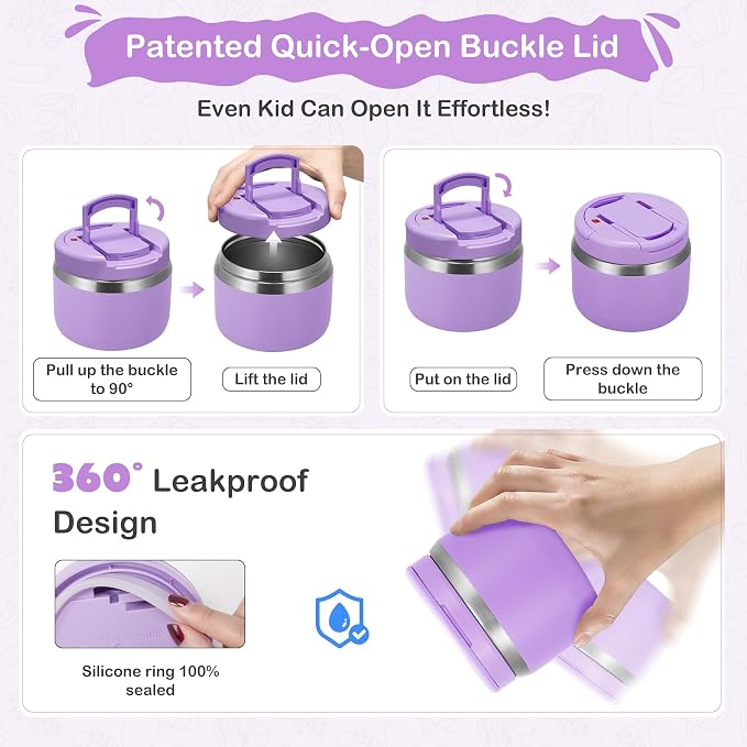 MAXSO 14oz Vacuum Insulated Food Jar with Spoon Buckle Lid, Kids Soup Thermo for Hot Food Wide Mouth Leakproof Stainless Steel Lunch Container - Purple