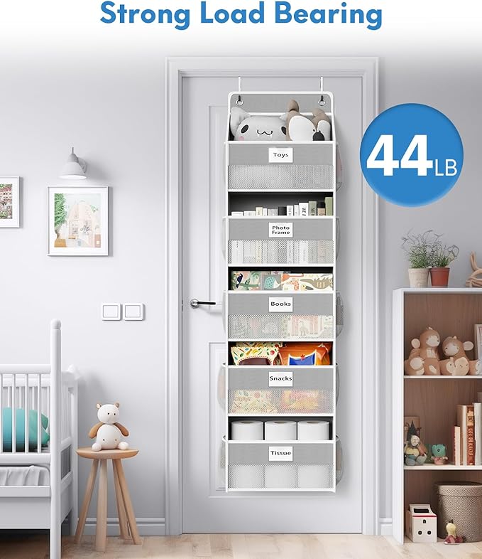 Optish Over The Door Organizer Hanging, 5 Shelf Behind The Doors Storage, Pantry Door Organizer, Closet Organizers for Bedroom and Nursery (Grey)