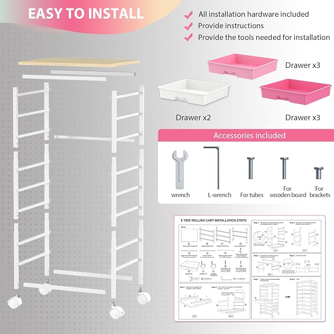 Goovilla Rolling Cart with Drawers, Utility Cart Organizer with 8 Removable Drawers and Wooden Tabletop, Lockable Rolling Storage Organizer for Art, Classroom, Home, Dorm, Office, Craft Storage, Pink