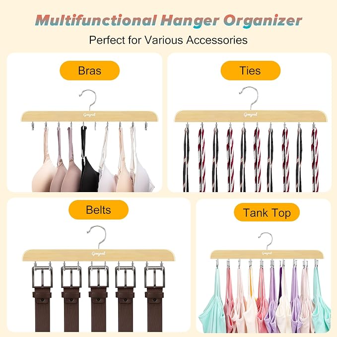 Gomyrod Bra Hanger for Closet, Tank Top Hangers 2 Pack w/20 Hooks Holds 40 Bras, Capacity Foldable Wood Space Saving Hanger, 360°Rotating Closet Organizers and Storage for Dorm & Apartment | Premium Wood Space Saving Hanger, 360°Rotating Closet Organiz...