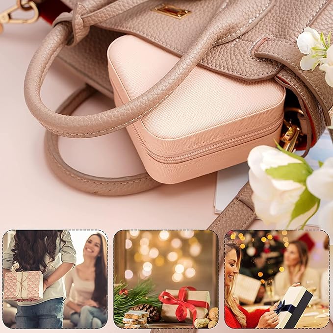 Neveika Portable Travel Mini Jewelry Box Leather Jewellery Ring Organizer Case Storage Gift Box Girls Women (4pcs pink).