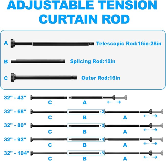 TEECK 2 Pack Shower Curtain Rod, 32-68 inch Adjustable Spring Tension Curtain Rod, Never Rust Anti-Slip Shower Curtain Rod for Bathroom, No Drilling, Never Collapse, Easy to Use, Black