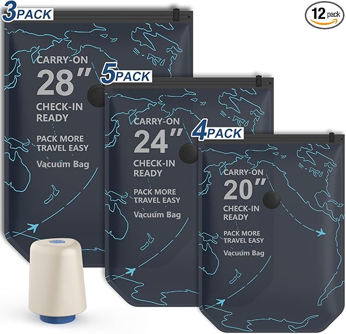 12 Pack Vacuum Seal Bags for Clothing Travel with Electric Pump (3 Large 28", 5 Medium 24", 4 Small 20") Heavy Duty 0.08mm Travel Vacuum Bags for Luggage & Moving, Reclaim 80% Space