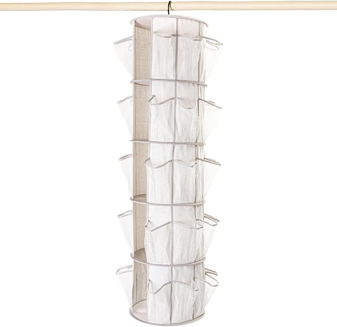 5 Tier Rotating Hanging Closet Organizer with 40 Mesh Pockets, 360 Degree Hanging Storage Organizer, Canvas Closet Shelf Organizer for Shoes, Sweaters, Hats, Bags, Toys, Bedroom, Nursery, Closet