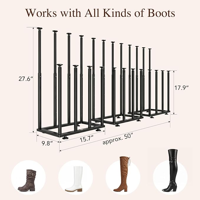 Adjustable Height Boot Rack, Metal Free Standing Shoe Storage Shelf | Cowboy Boots Organizer, Narrow Space-Saving Tall Boot Holder, for Closet Entryway Garage Bedroom, Outdoor, Apartment,12 Pairs